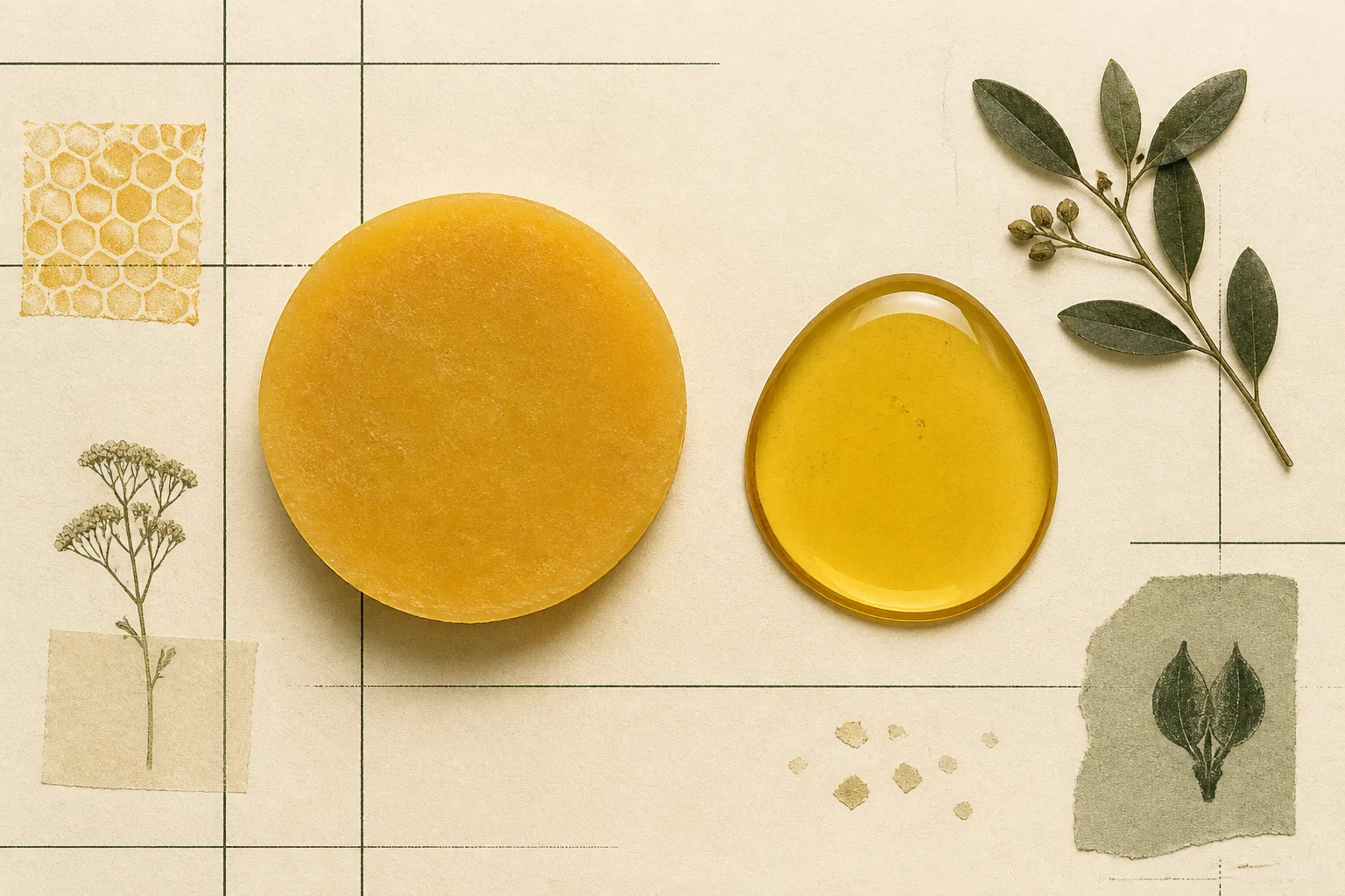 Editorial collage of a beeswax disk and an amber oil drop on a reference grid.