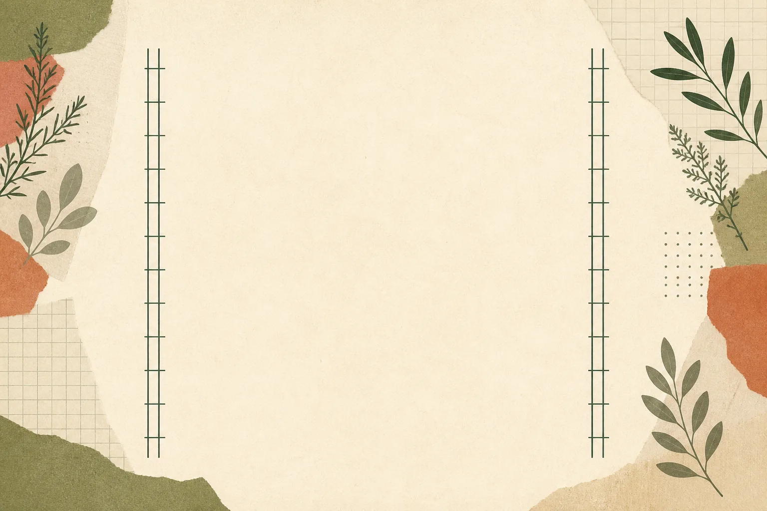 Editorial paper collage with two ledger tracks and botanical fragments around an open field.