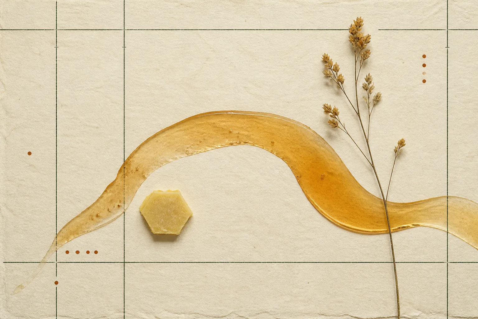 Editorial reference collage of a honey ribbon, wax shape, and dried stem on a paper grid.