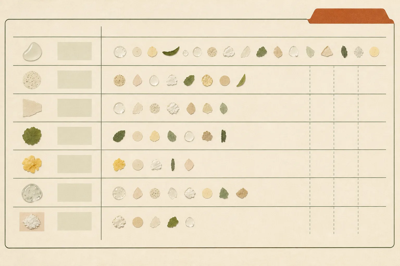 Editorial ledger of small material swatches arranged in rows for counting.