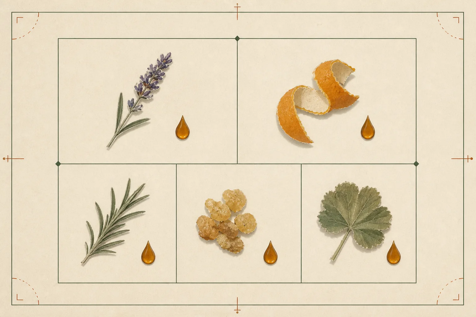 Editorial reference grid with lavender, citrus peel, rosemary, resin, a leaf, and amber drops.