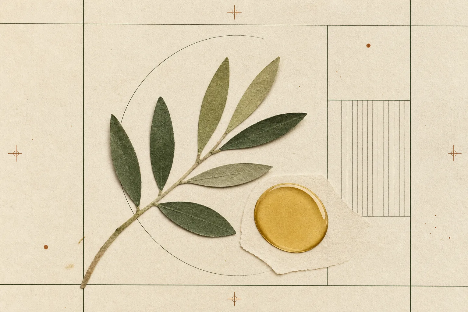 Editorial reference collage of an olive branch and an amber oil drop on a paper grid.