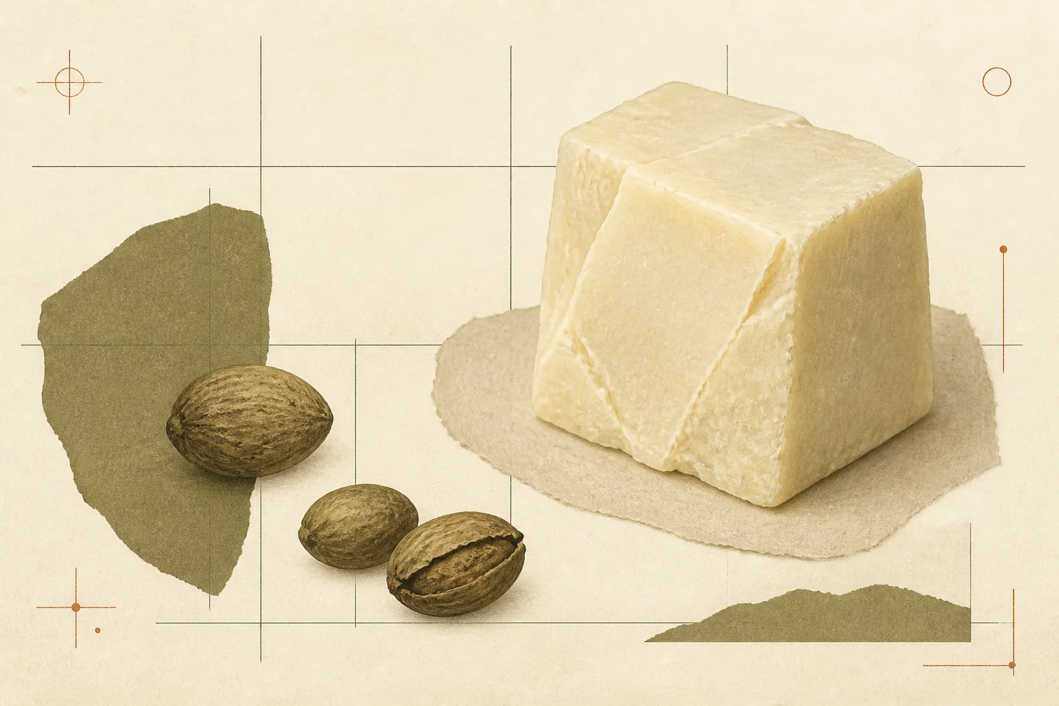 Editorial reference collage of shea nuts and pale butter blocks on a paper grid.