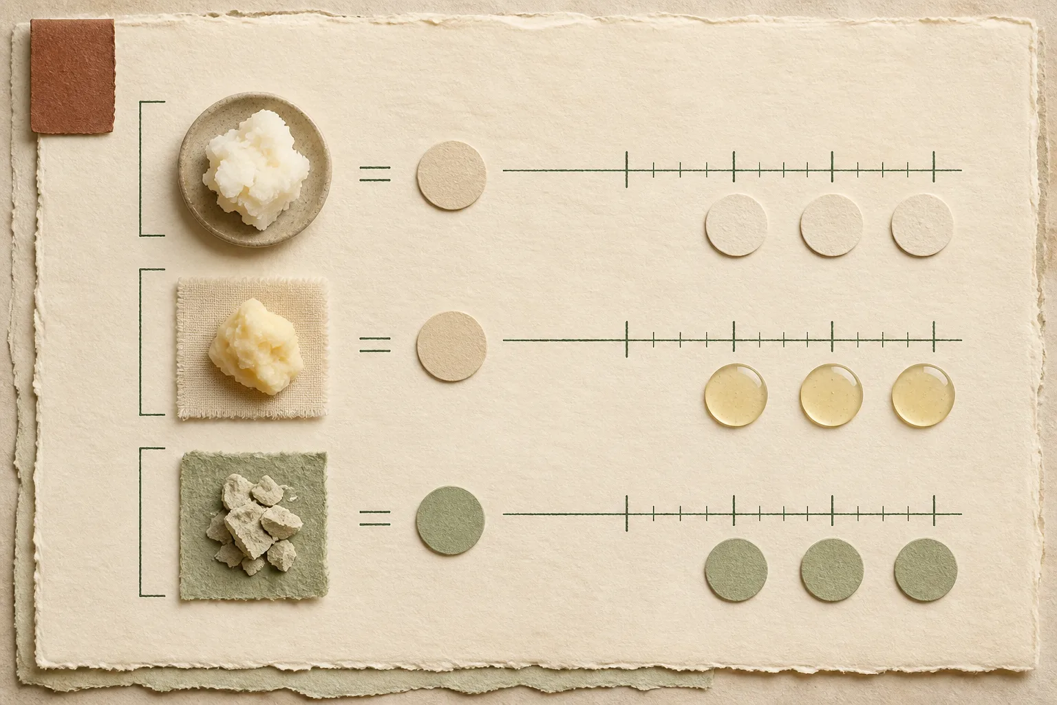 Editorial comparison rows that place material samples against equal ounce measurement marks.