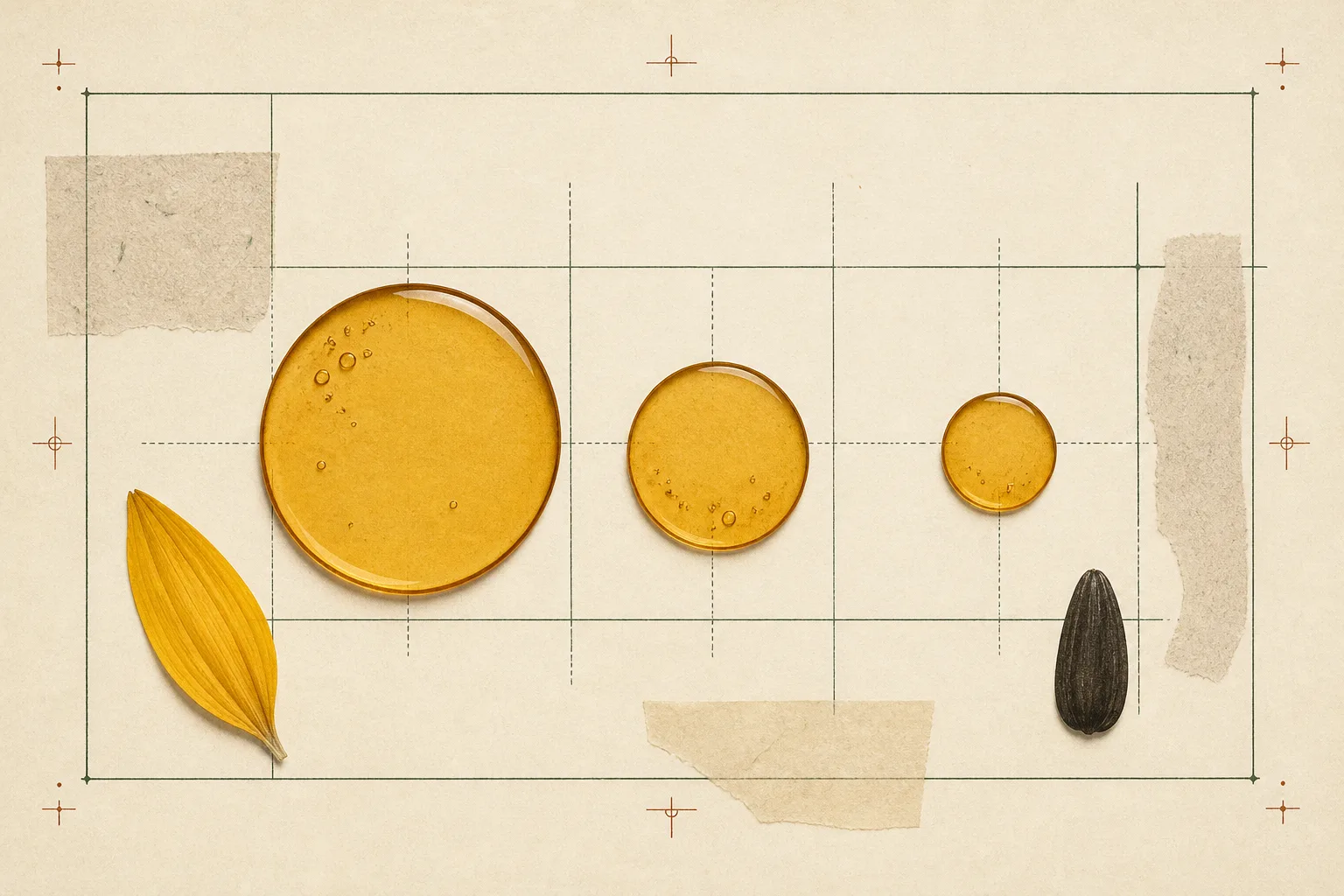 Editorial reference collage of three amber drops and seed shapes on a paper grid.