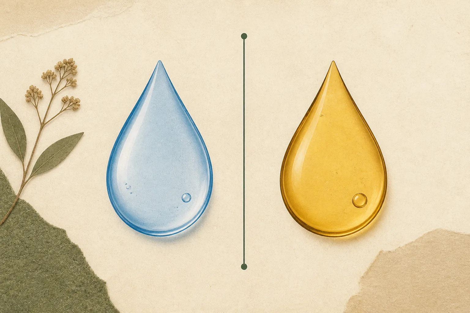 Editorial comparison of one blue water drop and one amber oil drop.
